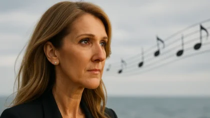 Céline Dion looking serious near the ocean with musical notes in the sky behind her