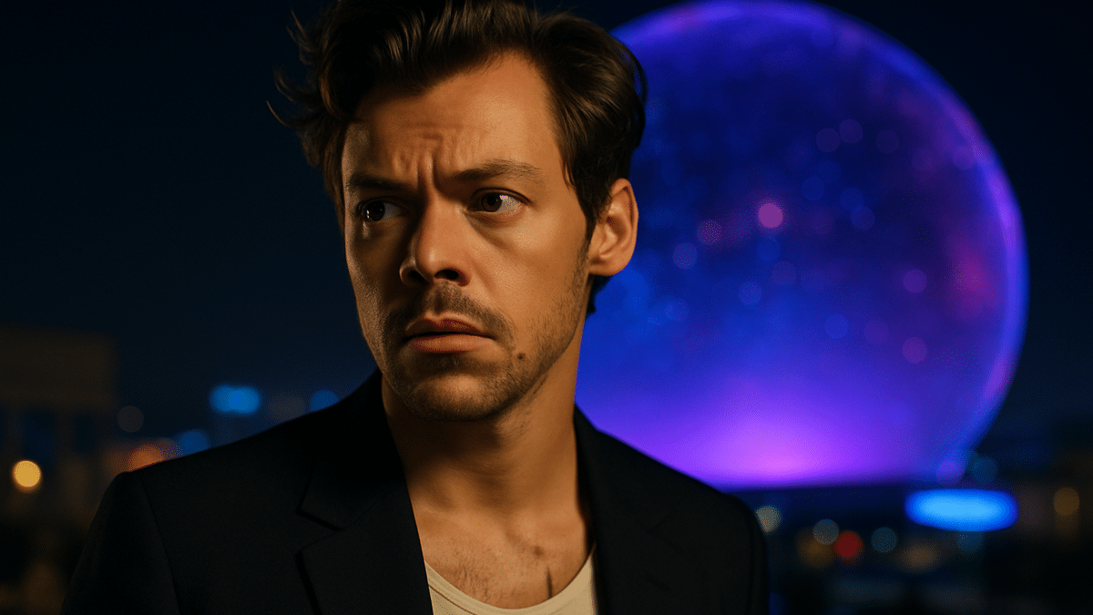 Harry Styles with a serious expression standing in front of a glowing purple sphere at night