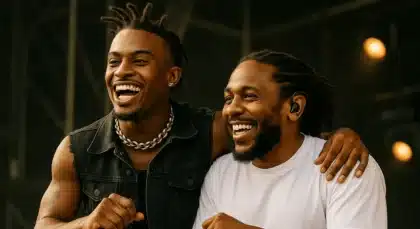 Playboi Carti and Kendrick Lamar smiling and laughing together on stage
