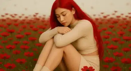 Jennie from BLACKPINK sitting peacefully in a red flower field with her eyes closed