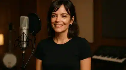 Lily Allen smiling in a recording studio in front of a professional microphone