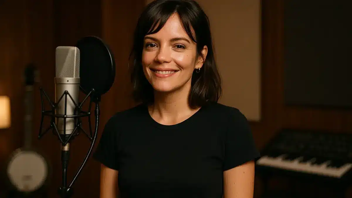 Lily Allen smiling in a recording studio in front of a professional microphone