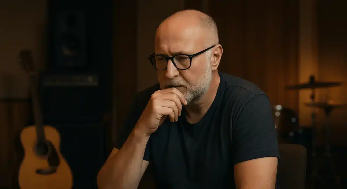 Bob Mould thinking deeply in a dimly lit studio, with musical instruments in the background