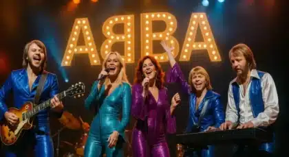 ABBA performing on stage in glittery retro jumpsuits with the band name illuminated behind them