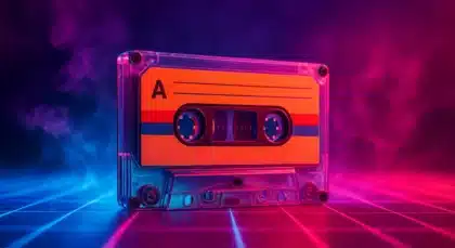 Retro 1980s audio cassette tape glowing with neon lights on a synthwave grid background, evoking nostalgic music memories.