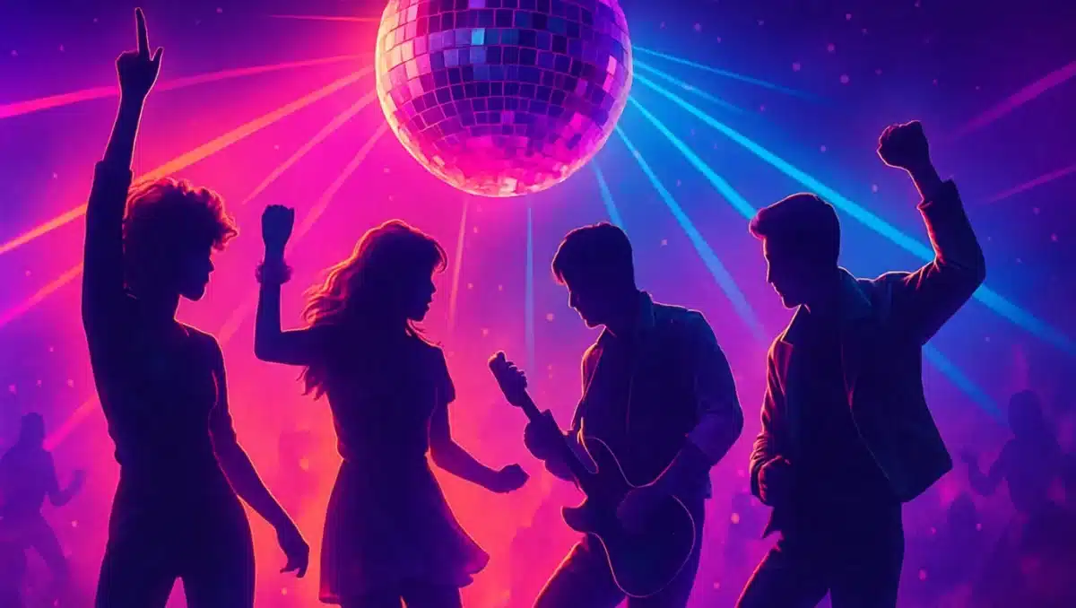 Silhouettes of people dancing under a disco ball with neon lights, evoking 80s music and nightlife.