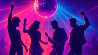 Silhouettes of people dancing under a disco ball with neon lights, evoking 80s music and nightlife.
