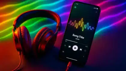 Smartphone displaying Spotify music player with colorful soundwave and wired headphones on neon background.