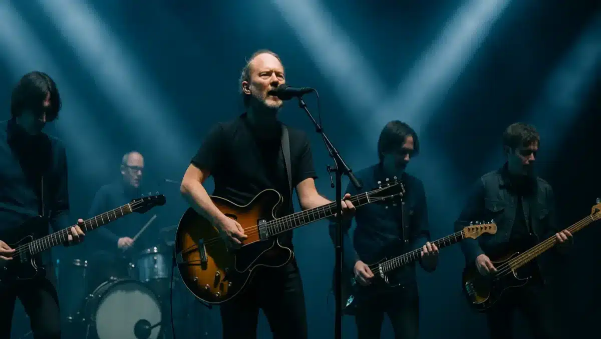 Radiohead performing live on stage with Thom Yorke singing and playing guitar under dramatic stage lights.