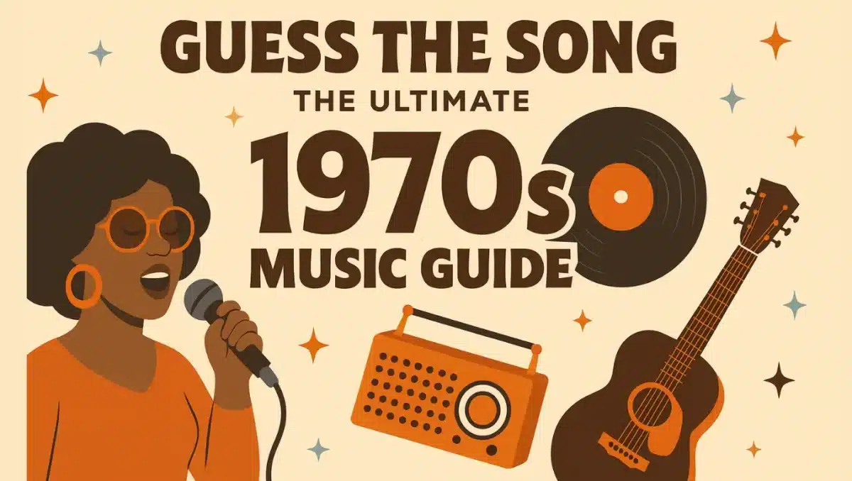 Retro illustration of the Guess the Song 1970s music guide, showing a woman singing with a microphone, a vinyl record, a radio, and an acoustic guitar.