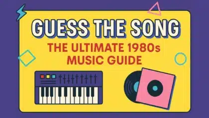 Colorful illustration of the Guess the Song 1980s music guide, featuring a retro synthesizer and vinyl record.