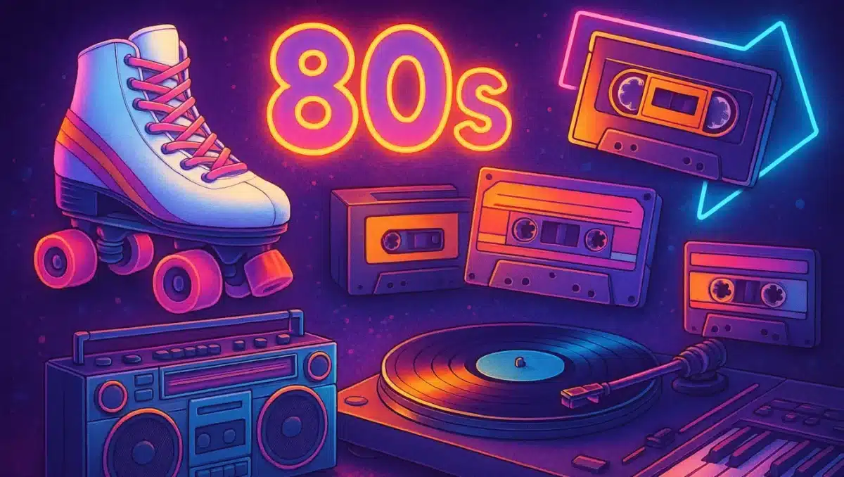 Retro 80s illustration with neon roller skate, cassette tapes, boombox, and vinyl record player.