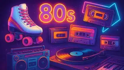 Retro 80s illustration with neon roller skate, cassette tapes, boombox, and vinyl record player.