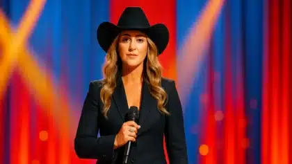 Lainey Wilson wearing a black hat and holding a microphone as solo host of the 2025 CMA Awards.