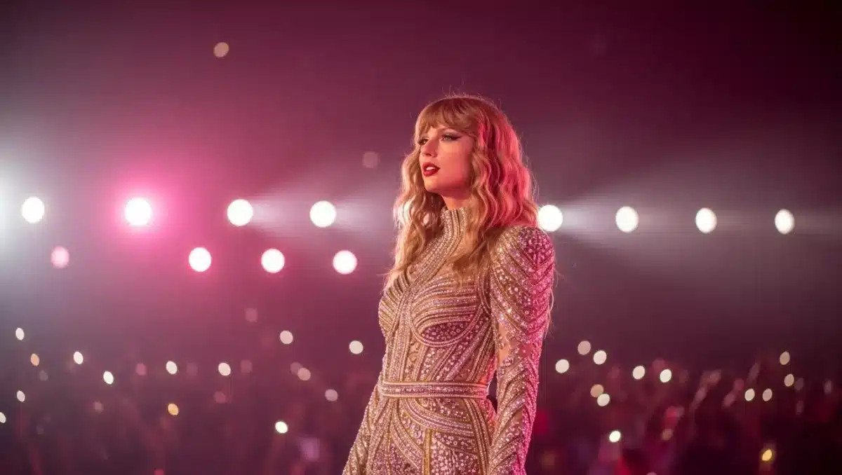 Taylor Swift performing live on stage in a glittering dress, illuminated by concert lights with fans in the background.